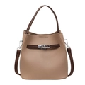 Khaki bucket bag with dark brown handles and silver clasp in pebbled leather finish - Khaki