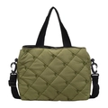 Army green quilted tote bag with bow embroidery and adjustable black shoulder straps - Green