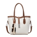 Chic beige bucket bag with brown trim, wooden bead tassel and metal twist lock - Off White