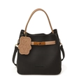 Retro black lychee leather bucket bag with brown handles and a cute bear charm - Black