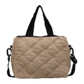 Khaki quilted tote bag with diamond stitching and bow embroidery detail and black straps - Khaki