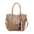 Minimalist brown leather bucket bag with top handles and wooden bead charm detail - Khaki
