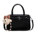 Black glossy leather bucket bag with top handle and cute plush bear charm accessory - With Pendant / Black