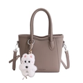 Borsa a secchiello in pelle beige scuro con ciondolo peluche e tracolla rimovibile - Grigio