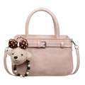 Light pink faux leather handbag with adjustable strap and cute plush bear charm detail - With Pendant / Pink