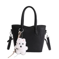 Secchiello in pelle martellata nera con manici e un ciondolo a forma di cucciolo di peluche - Nero