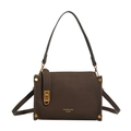 Borsa a tracolla in pelle martellata marrone scuro con borchie dorate e logo - Marrone