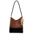 Maillard-style tote bag in brown suede and black faux leather with wooden bead tassels - With Pendant / Brown