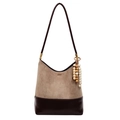 Retro matte soft leather tote bag with contrast colors and wooden bead tassel detail - With Pendant / Khaki