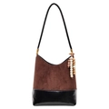 Vintage brown suede and black faux leather patchwork tote bag with bead pendant charm - With Pendant / Brown