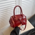 Elegant dark red patent leather square handbag with top handles and silver buckle strap - 21x14x8cm / Red