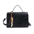 Elegant black faux leather baguette bag with woven texture and colorful beaded tassel charm - Black