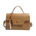 Brown handbag with woven texture detail and bohemian wood bead tassel charm - Khaki