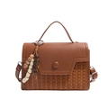 Vintage brown woven PU leather tote bag with shoulder strap and beaded tassel charm - Brown