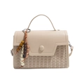 Beige baguette bag in smooth leather and straw weave with decorative beaded keychain charm - Beige