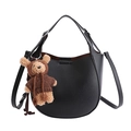 Sac seau hobo noir texture litchi avec charmant porte-clés ours en peluche marron - Avec Pendentif / Noir