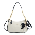 Chic beige lychee leather handbag with black contrast trim and gold chain detail - White With Pendant