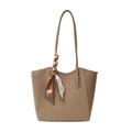 Borsa tote intrecciata marrone con decorazione foulard di seta e grande capacità quotidiana - Cachi