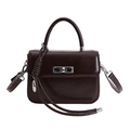 Dark coffee glossy leather rectangular handbag with silver rotary lock and twist tassel - With Pendant / Coffee