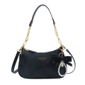 Black lychee texture crossbody bag with gold chain and pearl bow charm detail - Black With Pendant