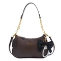 Dark brown pebbled leather shoulder bag with gold chain, pearl charm and black bow knot - Coffee With Pendant