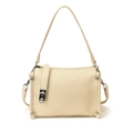 Beige minimalist crossbody bag with refined lychee grain texture and silver lock - White