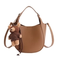 Brown litchi texture PU bucket bag with a cute teddy bear pendant and crossbody strap - Brown
