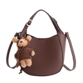 Dark brown lychee pattern bucket bag with adjustable strap and cute bear charm - Brown