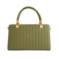 Minimalist dark green woven handbag with chevron pattern and gold metal hardware links - Green