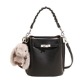 Elegant black lychee grain leather bucket bag with silver lock and plush rabbit charm - With Pendant / Black