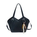 Retro black bucket bag with vertical pleated fabric and beaded ethnic charm tassel - Black