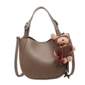 Brown lychee pattern bucket bag with a cute bear pendant and detachable shoulder strap - Brownish Gray With Pendant