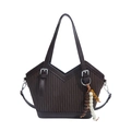 Dark brown pleated bucket bag with bohemian wood bead charm and adjustable strap - Brown