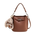 Brown litchi leather bucket bag with silver twist lock and grey plush bunny charm - With Pendant / Brown