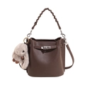 Dark brown pebble leather bucket bag with woven handle and plush rabbit pendant - With Pendant / Brown