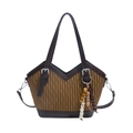 Brown pleated bucket bag with contrast trim, detachable strap and vintage tassel - Dark Khaki