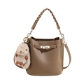 Dark brown leather bucket bag with metallic twist lock and plush bunny charm accessory - With Pendant / Elephant Gray