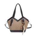 Sac cabas plissé pour femme en toile avec charm en perles de bois et finitions en cuir brun - Khaki Clair