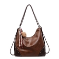 Retro brown leather hobo bag with vintage metal rivets and a cute plush bear charm - With Pendant / Brown