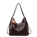 Dark brown retro hobo bag in soft leather with rivets and a cute bear charm accessory - With Pendant / Brown
