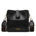 Chic black litchi textured bucket bag with wide shoulder strap and gold hardware detail - Black