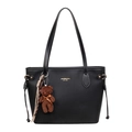 Bolso tote retro de piel PU negra con costuras blancas y colgante de oso decorativo - Con Colgante / Negro