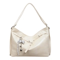 Minimalist cream white PU leather tote bag with bow charm and adjustable strap - Cream White with Pendant