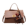 Bruine leren crossbodytas met geruit weefsel en gouden draaisluiting detail - Bruin Stijl (Zonder Hanger)