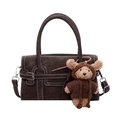 Dark brown faux leather handbag with white contrast stitching and teddy bear charm - With Pendant / Brown