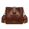 Classic brown leather bucket bag with litchi texture and wide woven shoulder strap - Brown