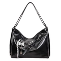 Black glossy leather tote bag with silver bow pendant and heart chain detail - Black With Pendant