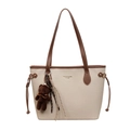 Bolso tote de lona beige con ribete de cuero marrón y un colgante de osito de peluche - Con Colgante / Blanco Roto