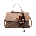 Vintage beige lederen en bruine geweven handtas met gouden sluiting en decoratieve kwast - Khaki Stijl (Zonder Hanger)