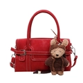 Red matte shoulder bag with white contrast stitching and a cute bear plush charm - With Pendant / Red